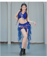 Tenues de danse exotiques, ensembles de strip-teaseuse, vêtements de danse exotiques, foulard de danse du ventre à sequins et franges, vêtements de danse en maille premium avec strass