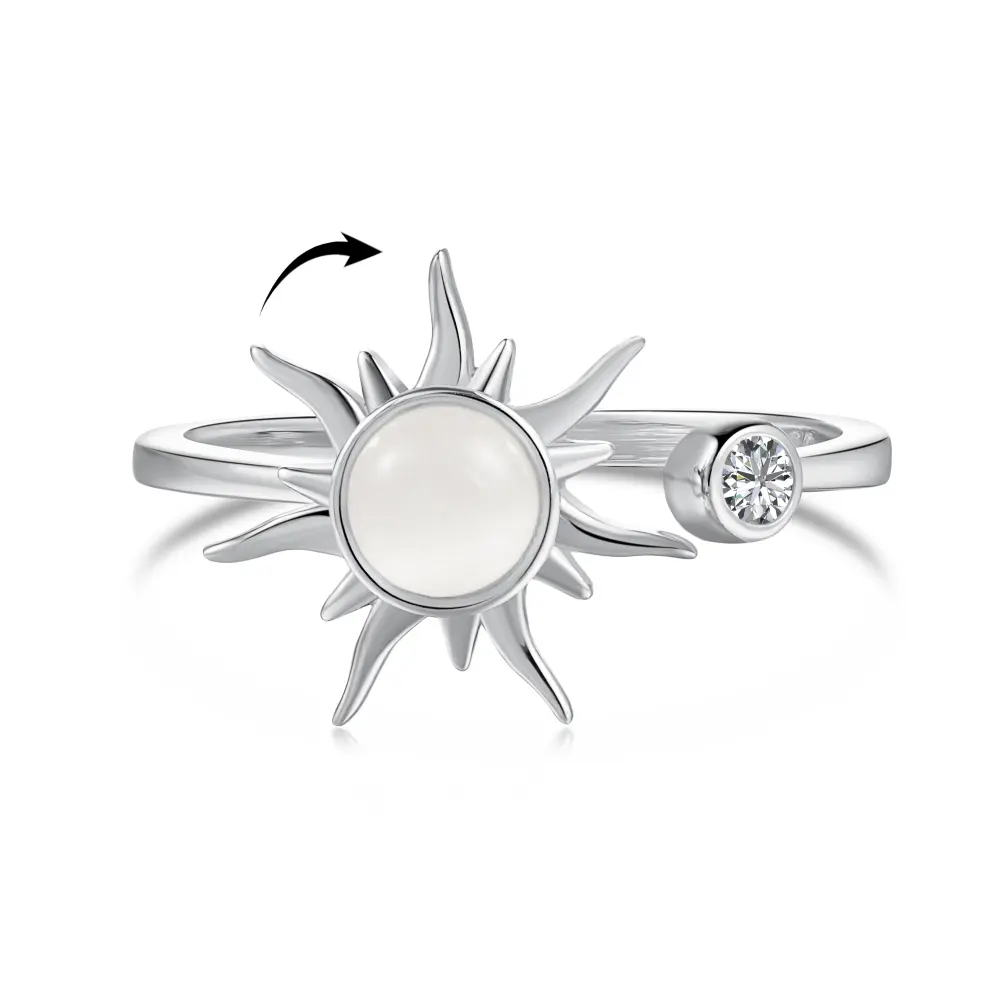 Dylam Dainty S925 Zilver Rhodium 18K Vergulde Verstelbare Open 5a Zirkonia Cat Eye Stone Sun Vorm Angst Spinning Ring