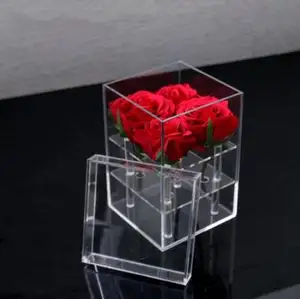 Caixa de acrílico para presente, caixa de armazenamento artesanal de acrílico transparente com 4 furos para flor, dia dos namorados, casamento, caixa de rosa