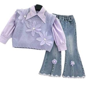 Set 3 Potong Musim Gugur 2025 Rompi Rajut Motif Kupu-kupu Biru + Kemeja Lengan Panjang + Celana <span class=keywords><strong>Jeans</strong></span> Berpita Pakaian Anak Modis - Product Image 5