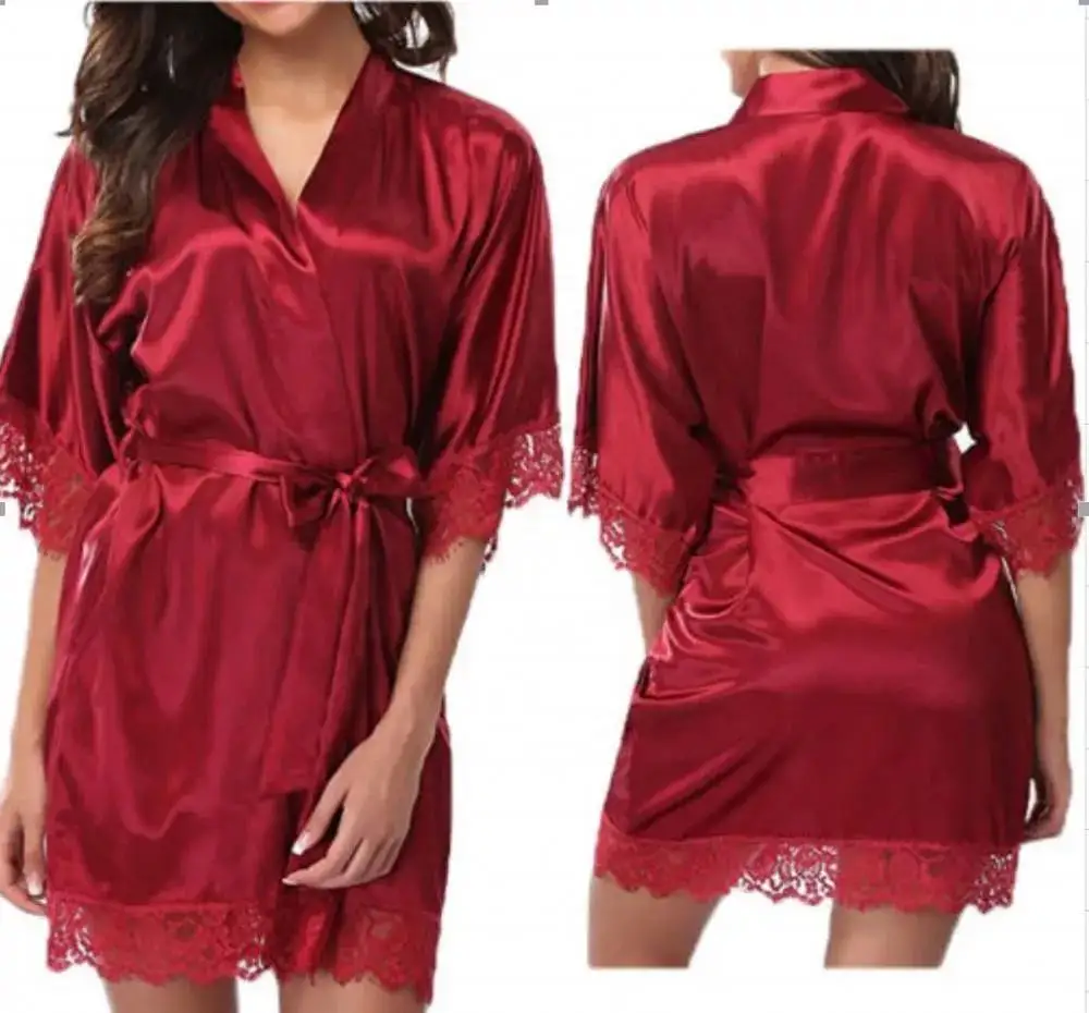 X557 Offre Spéciale lisse satin peignoir avec ceinture mature dentelle soie robe demi manches pyjamas femmes vêtements de nuit