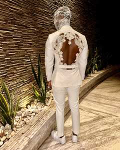 Abito Bianco su Misura con Apertura Posteriore per Uomo, Smoking di Lusso per Cerimonie, Matrimoni e Feste con Dettagli in <span class=keywords><strong>Pizzo</strong></span> - Product Image 2