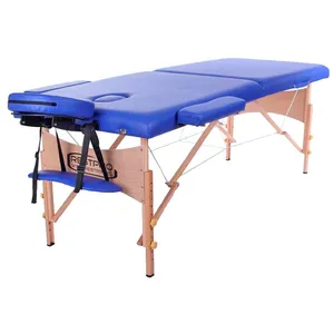 baş istirahat masaj yatağı Suppliers-2 katlı mavi renk iki katlanır ahşap masaj masası yüksek yoğunluklu köpük Spa yatağı baş ve kol dayanağı