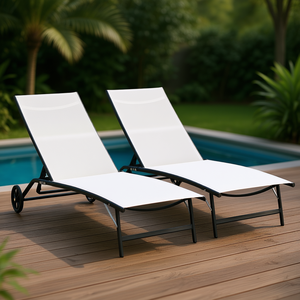 Ensemble de chaises longues de patio extérieur avec dossier réglable sur 5 niveaux, roues, design moderne pour jardin, terrasse, bord de piscine, bain de soleil - Product Image 2