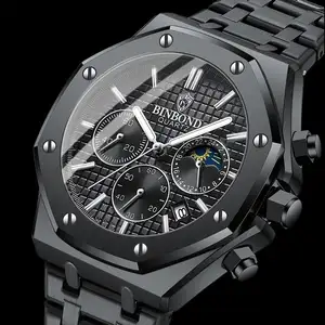 顶级reloj BINBOND高品质钢带男表多功能月相计时男表防水
