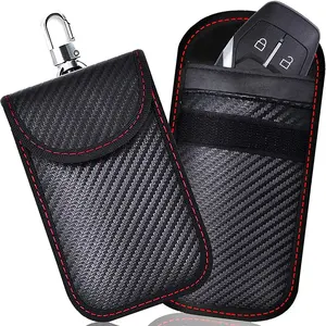 Leather RFID Car Key Signals Blocker Case with Key Hook Keyless Car Theft Pouch Faraday Bag Carbon Fiber Custom Logo PU Opp Bag
