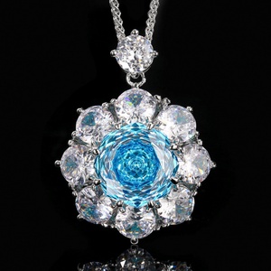 Fashion Eco-friendly Copper Bridal Jewelry Set Wholesale 14-10mm Blue Zircon Rose Cut Simple Round Pendant <b>Earrings</b> Rings Set - Product Image 5