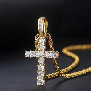 Cadenas de cuerda de acero inoxidable, colgante de latón, collares de Cruz de Zirconia cúbica de tenis, collar de mujer chapado en oro y plata para hombre - Product Image 2