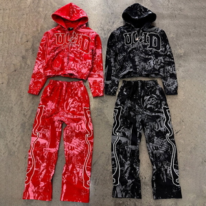 Survêtements personnalisés pour hommes, ensemble <span class=keywords><strong>complet</strong></span> avec impression DTG sur toute la surface, sweat à capuche zippé, streetwear, pantalon de survêtement ample et évasé vintage, ensemble sweat à capuche et pantalon de survêtement - Product Image 1