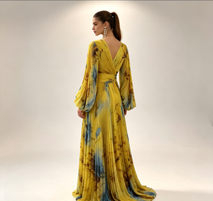 Abito lungo da donna 2026 <span class=keywords><strong>giallo</strong></span> con stampa marmorizzata, plissettato, casual, scollo a V, maniche a sbuffo, per serate ed eventi, tinta unita - Product Image 2