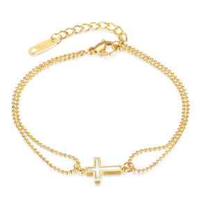 Gold Plated Double Layer <strong>Bead</strong> Chain Religious Cross Stainless Steel <strong>Bracelet</strong> for Men - Product Image 1