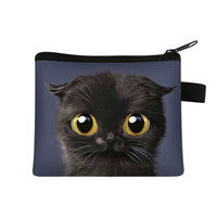 Sac de maquillage imprimé chat de dessin animé mignon, pochette de rangement portable pour cartes et clés pour étudiants