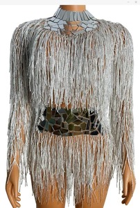 Justaucorps de scène pour femme en Spandex, avec franges et miroirs, design taille cintrée, dos nu, couleur Argent Blanc, sexy, pour spectacle de danse et chanteuse - Product Image 2