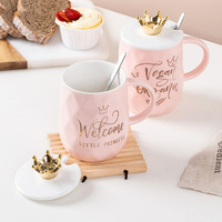 Mug à café nordique rose Couronne Fête des mères Cadeau de mariage Tasses à lait en céramique avec couvercle et cuillère Ensemble de style Couple Noël Or Roya