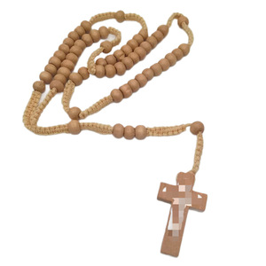 Collier chapelet en bois avec pendentif croix, perles faites à la main, bijoux religieux unisexe, couleur bois naturel café, brun clair, noir - Product Image 5