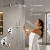 Kit de douche encastré moderne chromé à trois fonctions, mitigeur mural avec poignée, bouton de commande intégré chaud/froid, jet de pluie intérieur
