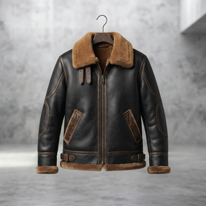 Veste en cuir véritable pour homme, doublure en fausse fourrure, vêtement d'hiver, col rabattable, fermeture éclair. - Product Image 1