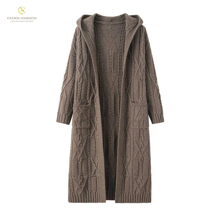 Guoou Mongolie intérieure laine mi-long 100% pull en cachemire câble Cardigan à capuche Cardigan femmes