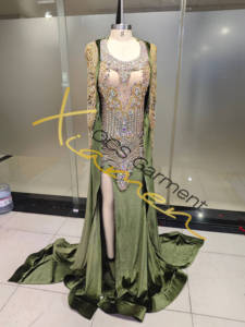 Ocstrade Sexy Vert Olive Robe de Performance Personnalisée avec Embelli Longue Cape Strass Cristal Corsage <span class=keywords><strong>Concert</strong></span> Performance Wear - Product Image 3