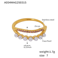 Bague double couche réglable élégante et minimaliste en acier inoxydable plaqué or 18 carats avec zircon 5A et imitation perle pour femme, idéale pour cadeau ou soirée