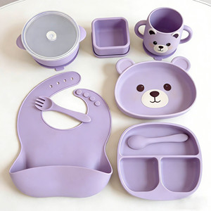 Ensemble de 7 pièces de vaisselle en silicone pour enfants : bavoirs, assiette et bol à ventouse pour la diversification alimentaire - Product Image 1