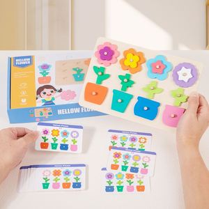Jeu de puzzle Montessori amusant en forme de fleur, en bois, avec blocs à emboîter et cartes flash pour les tout-petits - Product Image 5
