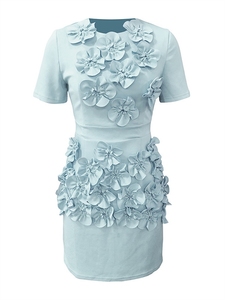 Estilo simple y elegante, minifalda a la cintura, novedad 2025, decoración floral tridimensional en patchwork, vestido corto con cuello redondo - Product Image 4