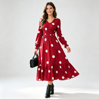 Robe longue fluide à col en V et imprimé pois pour femme, taille élastique smockée, volants, style midi/maxi, décontractée, automne, vêtements pour femme ODMOEM