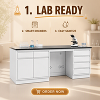 Banc de laboratoire, poste de travail central pour la préparation d'échantillons, avec support pour réactifs, structure sur pied en acier