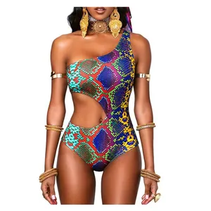 Penjualan Laris 2022 Pakaian Renang Pantai Monokini Afrika Bikini Motif Tribal Retro Baju Renang Satu Bahu Satu Potong Kulit Ular untuk Wanita