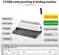 CYS308 Machine à relier manuelle 21 trous, base métallique, capacité de perforation 15 feuilles, capacité de reliure 250 feuilles, pour bureau, école, maison, relieur de livres à peignes