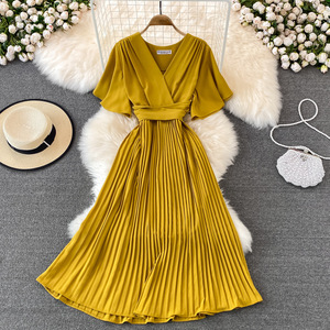 <span class=keywords><strong>Vestidos</strong></span> al por mayor para mujer, vestido <span class=keywords><strong>de</strong></span> <span class=keywords><strong>manga</strong></span> <span class=keywords><strong>corta</strong></span> por encima <span class=keywords><strong>de</strong></span> la rodilla, ajustado, con cordones en la cintura, falda larga plisada, vestido informal - Product Image 3