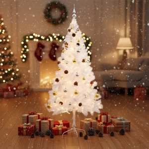 Sapin de Noël artificiel blanc pré-éclairé de 1,80 m avec boules décoratives, LED blanc chaud, pour intérieur, avec base autoportante - Product Image 2