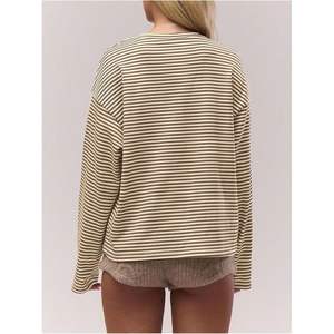 Camiseta Henley Personalizada para Mujer, de Manga Larga a Rayas, Hombros Caídos, 100% Algodón Tejido, para Uso Diario - Product Image 5