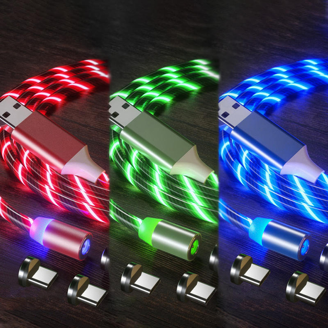 LED Luminous 3 in 1 Magnetic Glowing Fast Charging Cable for Iphone Micro USB Type C Charging Cable for Samsung