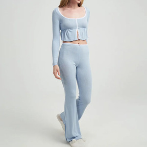 2 Piece Rib Lace Trim Women's Pajama Set Custom Logo Winter Cotton <strong>Crop</strong> Top Pants Women's <strong>Pyjamas</strong> with Large Neck Sexy and Soft - Product Image 3
