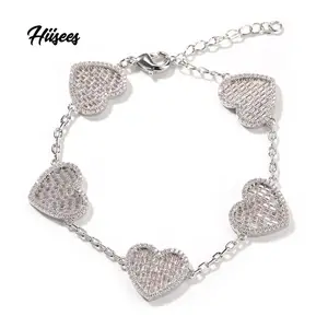 Fine Jewelry Iced Out Link Chain 18k Gold Baguette CZ Heart Charm Bracelet Shiny Nail mix icy Bracelet Women