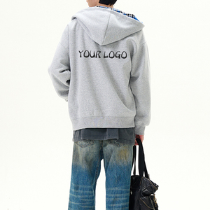 Sudadera con capucha para hombre, de dos tonos, a cuadros, con cremallera, gris jaspeado, oversize, estilo streetwear, con capucha y frente abierto - Product Image 2