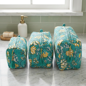 Wholesale Handmade Eco-Friendly Cotton Quilted Unisex Travel <b>Makeup</b> Bags Block Printed Custom Floral Large Zipper Reusable - Product Image 1