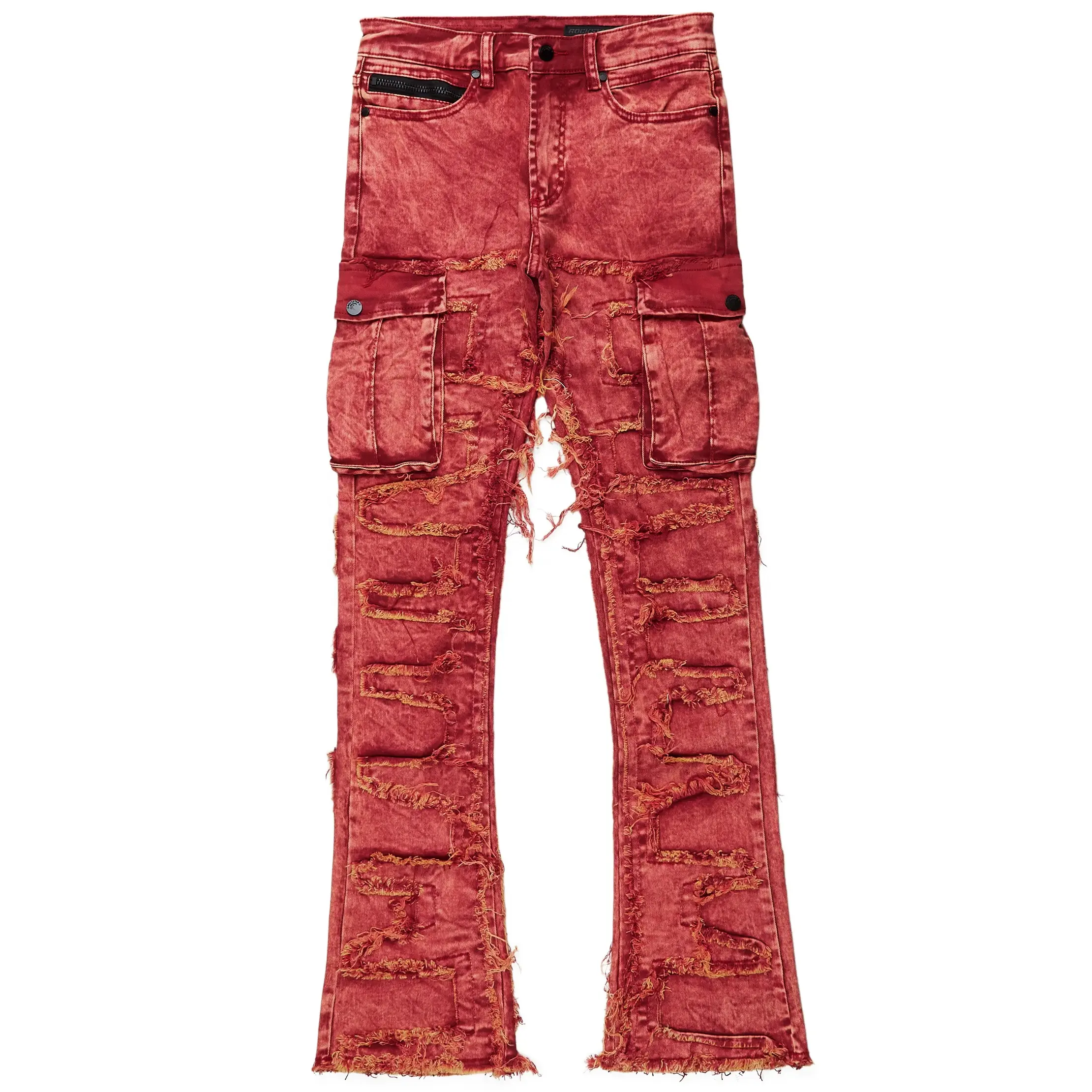 AeeDenim red denim distressed pants unisex acid washed denim cargo pants men stretch denim pants men jeans