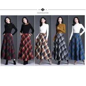 Gimily Oem Custom Groothandel Dames Herfst En Winter Wollen Geruite Rok Hoge Taille A-Lijn Wollen Halflange Rok Verdikking