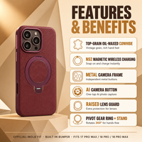 Étui en cuir pleine fleur huilé pour iPhone 17 Pro Max et iPhone 18 Pro, avec support magnétique pour recharge sans fil, finition électroplaquée de luxe