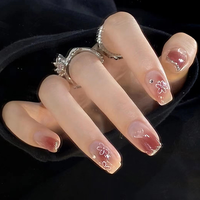 24 Uñas Postizas con Diseño 3D, Cristales y Diamantes, Decoración de Resina Rosa Kawaii con Dibujos Animados