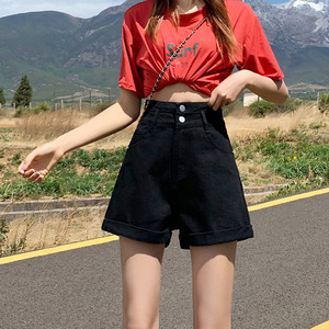 Shorts en jean taille haute streetwear pour <span class=keywords><strong>femme</strong></span>, nouvelle collection printemps/été, coupe droite amincissante, couleur unie, polyvalent et très tendance - Product Image 1