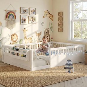 Letto Montessori Personalizzato con Sponde Alte, Struttura Letto a Terra Full Size per Bambini, Luci LED e Ripiano Portaoggetti - Product Image 1