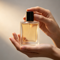 Flacon de parfum carré en verre personnalisé de luxe 50 ml avec bouchon en bois épais et pompe pulvérisatrice, boîte incluse