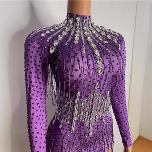 S0452Y 2026 Meilleures ventes Robe longue de soirée ajustée à strass, style performance, avec franges violettes couleur patate douce, pour la danse latine - Product Image 3