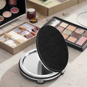 Espejo compacto con purpurina de cuero Pu redondo negro a la moda, espejos de bolsillo de viaje, espejo de maquillaje cosmético de mano - Product Image 2