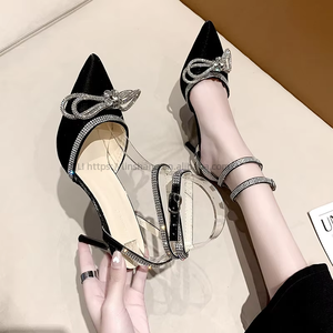 New Summer Black Elegant High Heels Sexy Pointed Thin Heel Sandals With Rhinestone Cool Fairy Style PU <b>Insole</b> Slippers - Product Image 1