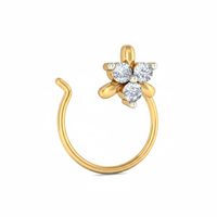 Magnífico Piercing Nasal Étnico Certificado de Oro Amarillo de 14K de Alta Calidad con Tres Diamantes Redondos Reales y Diseño Único para Mujer